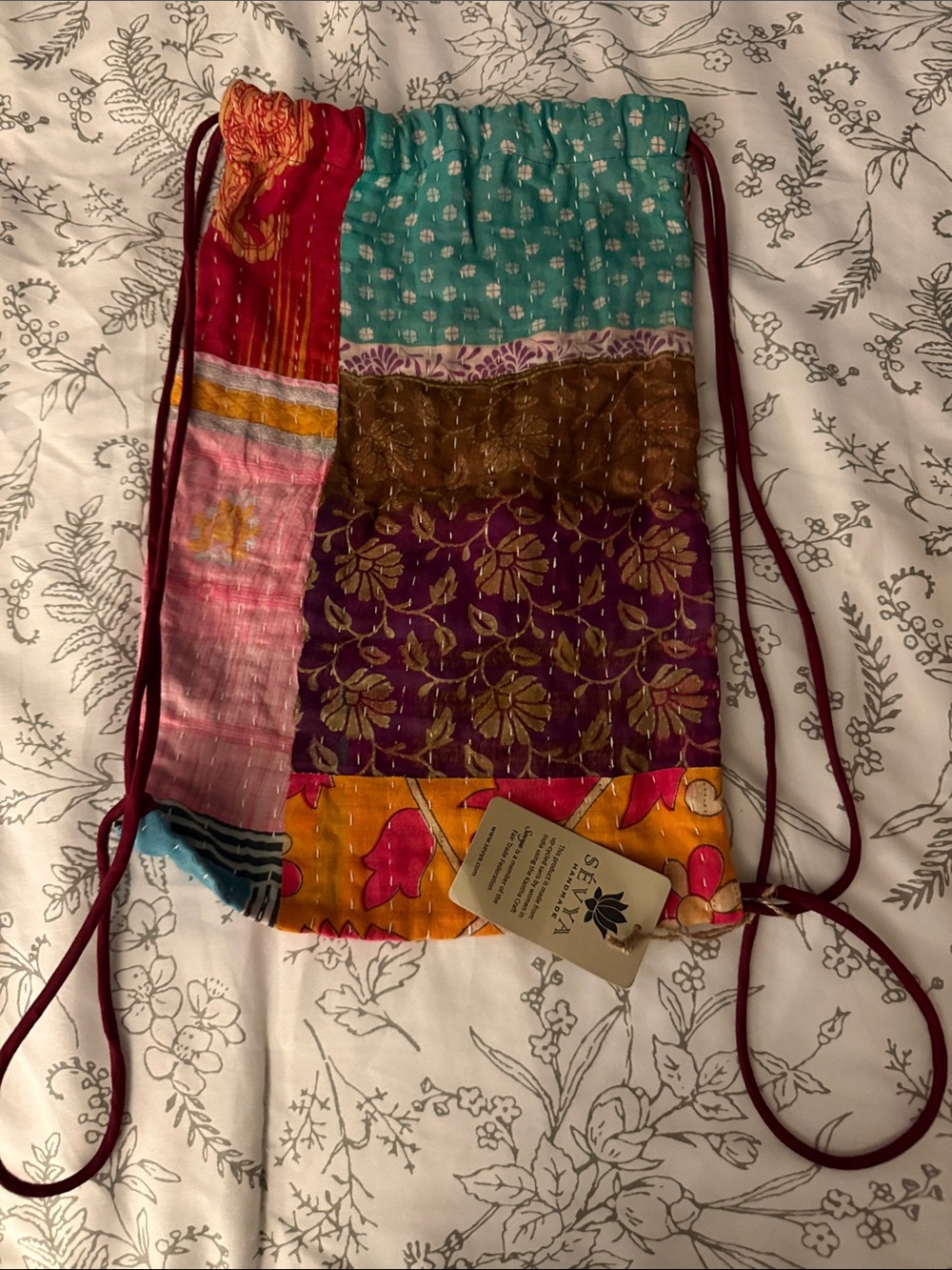 Bohemian Patchwork Drawstring Backpack in Teal, Purple & Pink